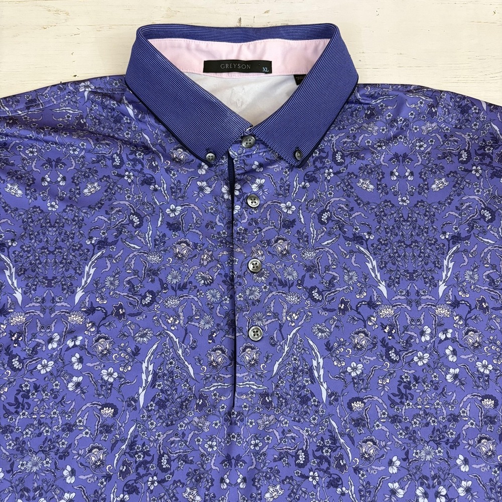 Greyson Polo Shirt Mens XL Purple Floral Golf Button-Down Collar Short Sleeve